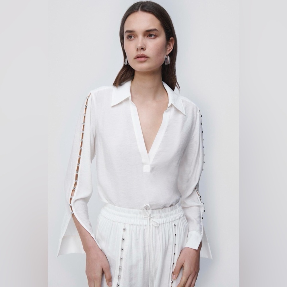 Jonathan Simkhai Stormy Beaded Ivory V-Neck Collar Long Sleeve Coverup Top NWT M